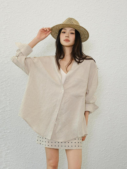 FU FRESH UP Avocado Green V-neck Buttoned Relaxed Long Sleeve Women&