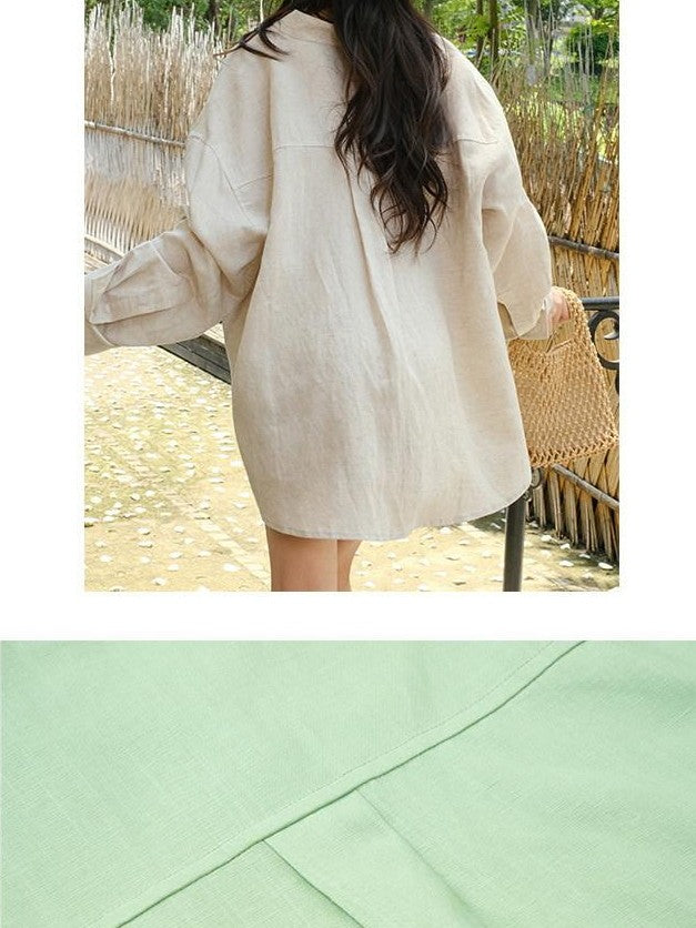FU FRESH UP Avocado Green V-neck Buttoned Relaxed Long Sleeve Women&
