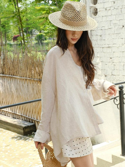 FU FRESH UP Avocado Green V-neck Buttoned Relaxed Long Sleeve Women&