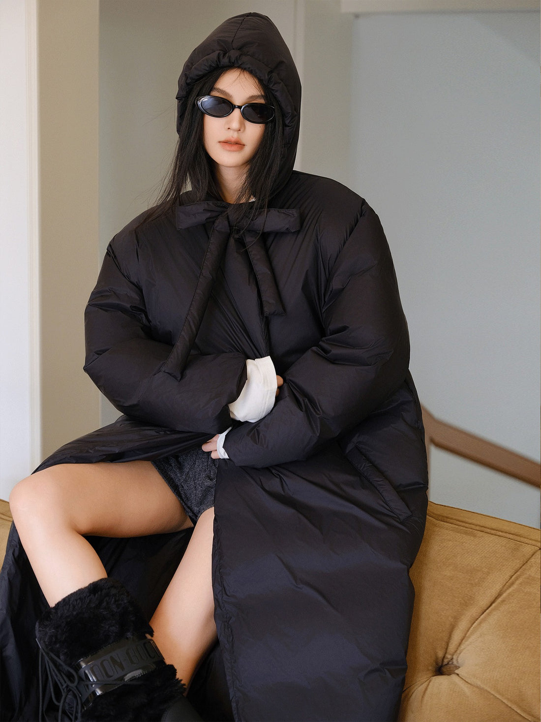 FU FRESH UP Black Bow Tie Hooded Over Knee Long Loose Women&