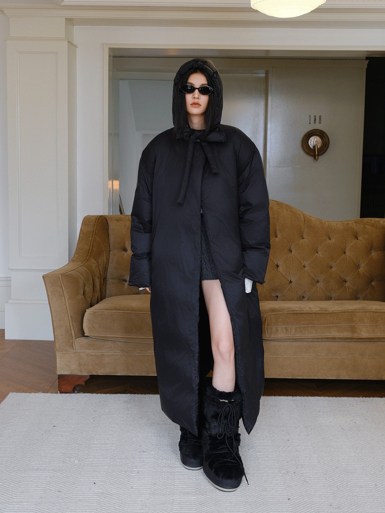 FU FRESH UP Black Bow Tie Hooded Over Knee Long Loose Women&