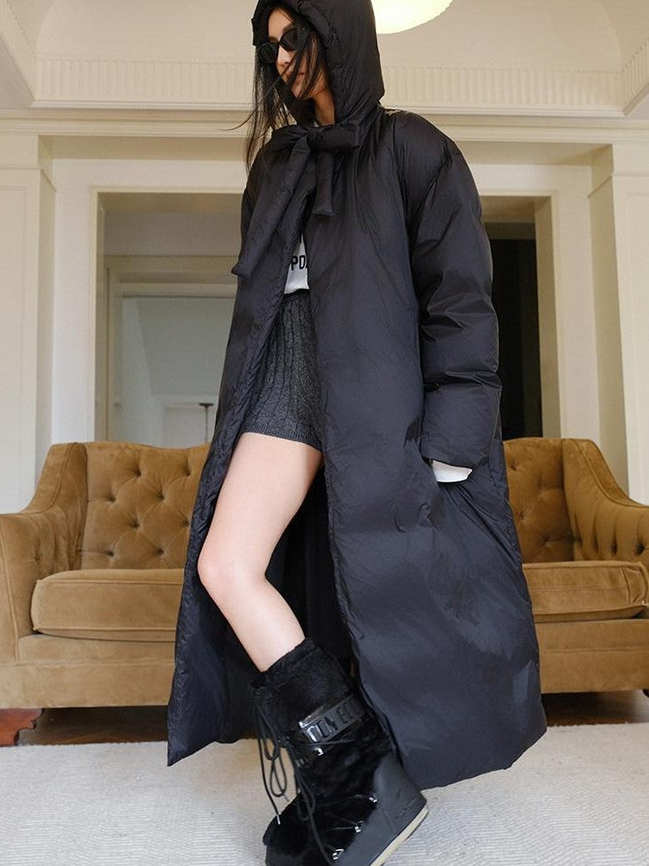FU FRESH UP Black Bow Tie Hooded Over Knee Long Loose Women&