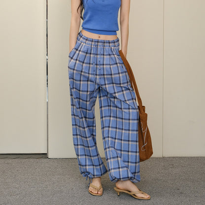 FU_FRESH_UP_Blue_Contrast_Plaid_Drawstring_High_Waist_Vintage_Women&