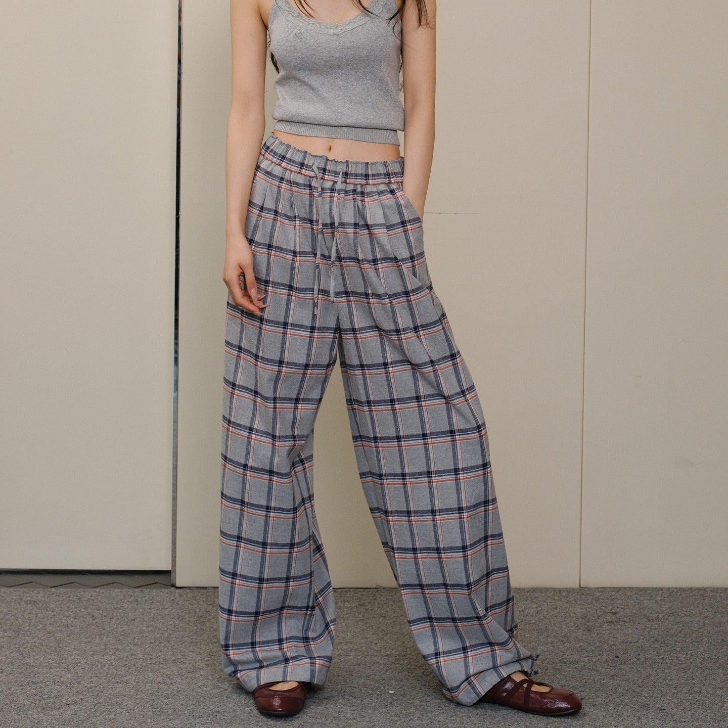 FU_FRESH_UP_Blue_Contrast_Plaid_Drawstring_High_Waist_Vintage_Women&