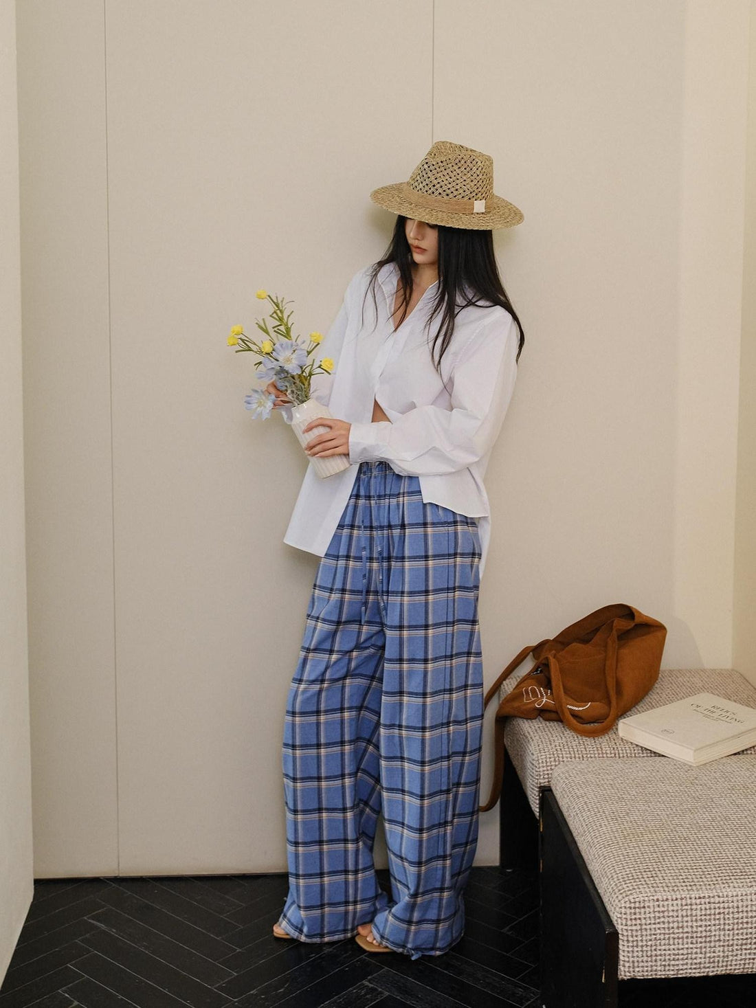 FU FRESH UP Blue Contrast Plaid Drawstring High Waist Vintage Women&