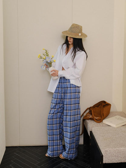 FU FRESH UP Blue Contrast Plaid Drawstring High Waist Vintage Women&