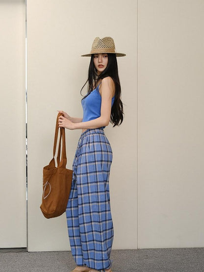 FU FRESH UP Blue Contrast Plaid Drawstring High Waist Vintage Women&