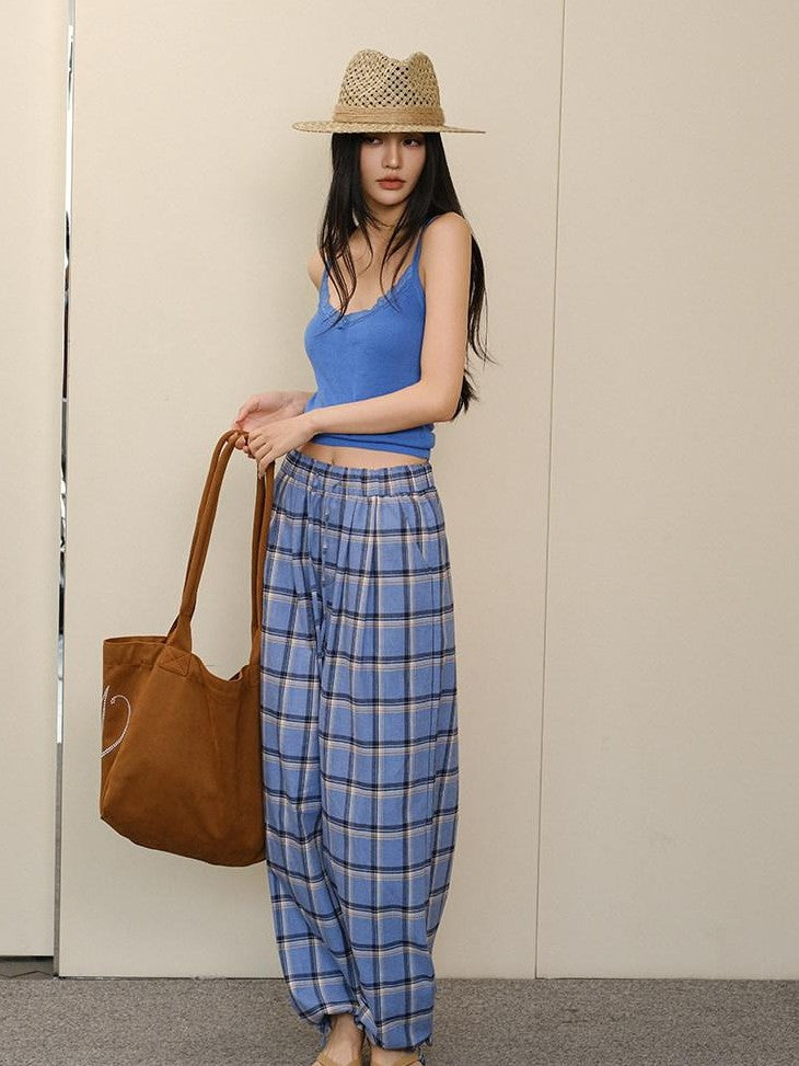 FU FRESH UP Blue Contrast Plaid Drawstring High Waist Vintage Women&