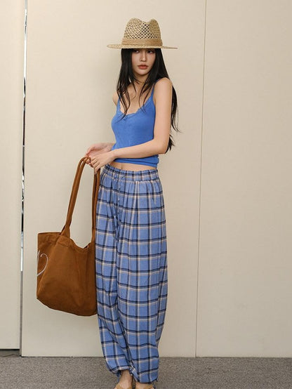 FU FRESH UP Blue Contrast Plaid Drawstring High Waist Vintage Women&