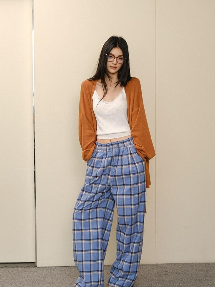 FU FRESH UP Blue Contrast Plaid Drawstring High Waist Vintage Women&