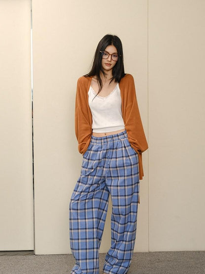FU FRESH UP Blue Contrast Plaid Drawstring High Waist Vintage Women&