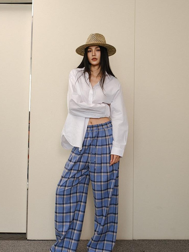 FU FRESH UP Blue Contrast Plaid Drawstring High Waist Vintage Women&