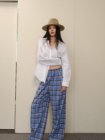 FU FRESH UP Blue Contrast Plaid Drawstring High Waist Vintage Women&