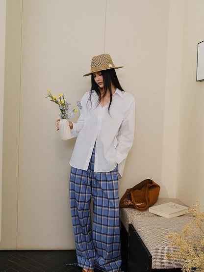 FU FRESH UP Blue Contrast Plaid Drawstring High Waist Vintage Women&