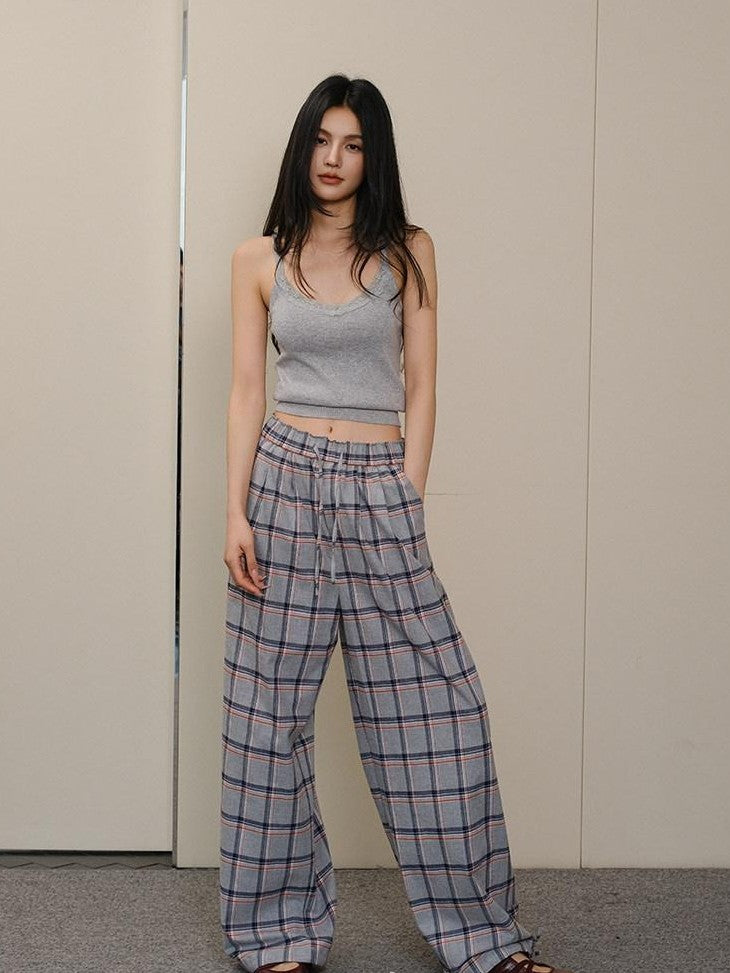 FU FRESH UP Blue Contrast Plaid Drawstring High Waist Vintage Women&