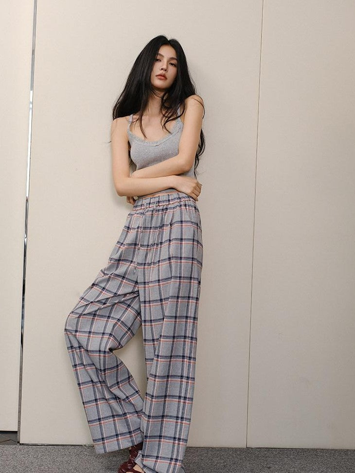 FU FRESH UP Blue Contrast Plaid Drawstring High Waist Vintage Women&