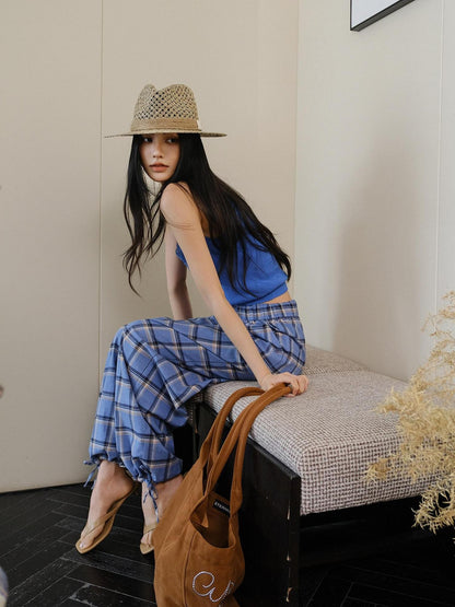 FU FRESH UP Blue Contrast Plaid Drawstring High Waist Vintage Women&