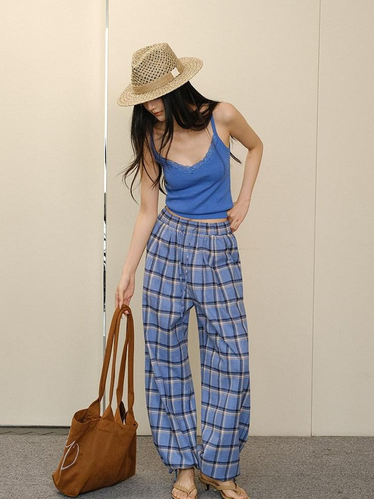 FU FRESH UP Blue Contrast Plaid Drawstring High Waist Vintage Women&