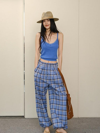 FU FRESH UP Blue Contrast Plaid Drawstring High Waist Vintage Women&