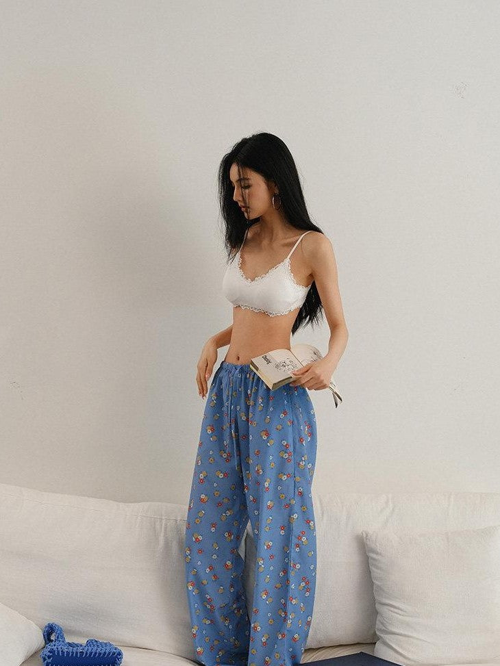 FU FRESH UP Blue Floral High Waist Drawstring Pocket Loose Women&