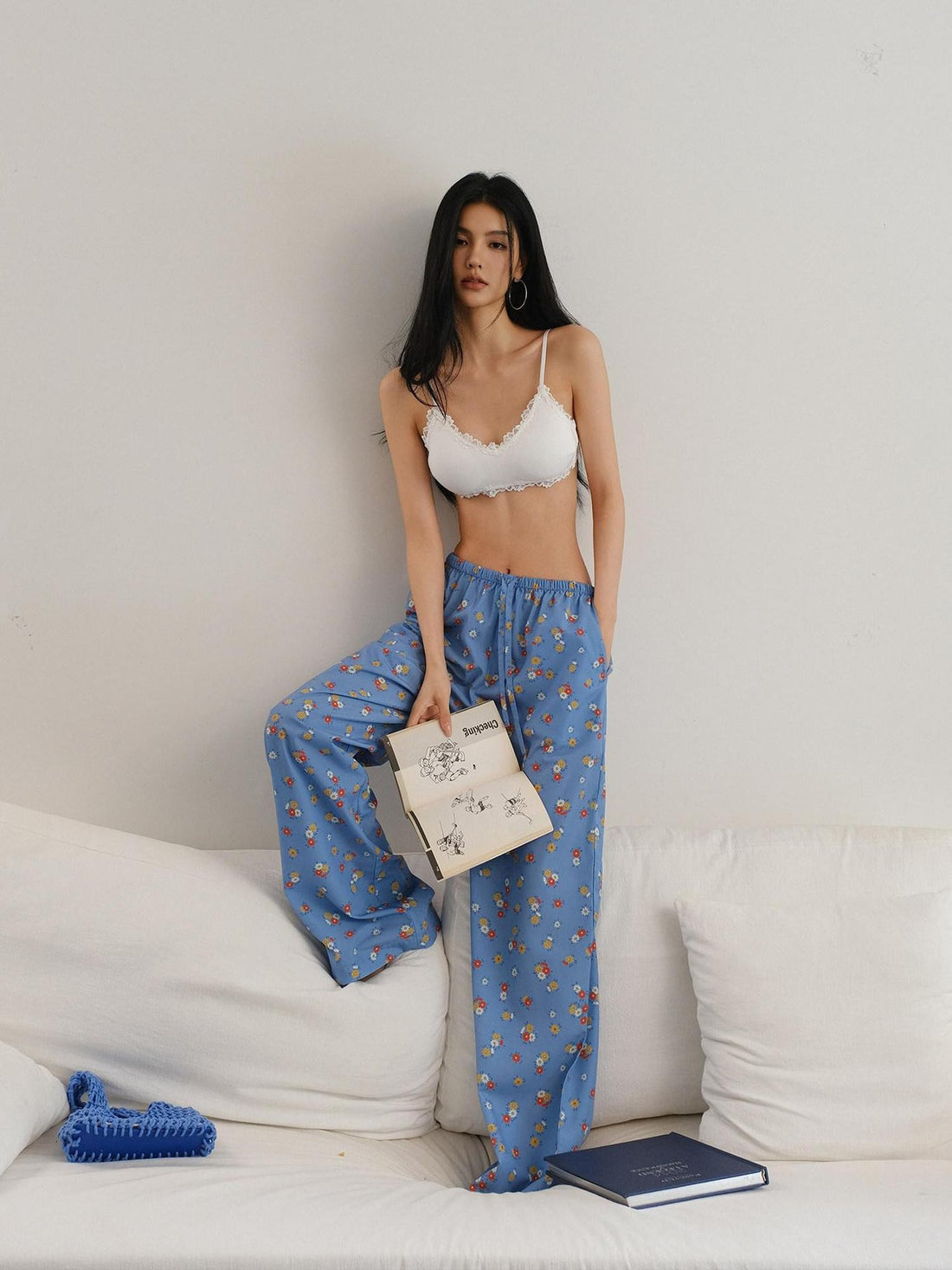 FU FRESH UP Blue Floral High Waist Drawstring Pocket Loose Women&