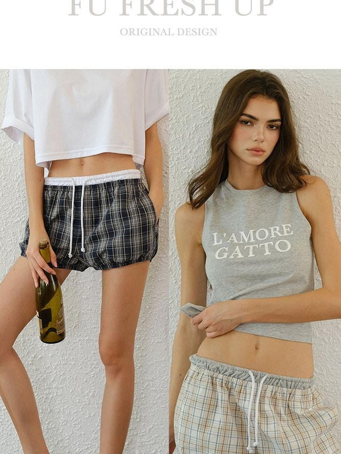 FU FRESH UP Bubble Hem Plaid Contrast Drawstring High Waist Women&