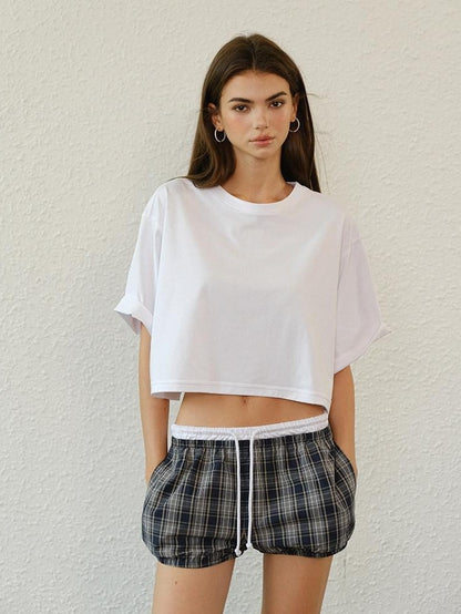 FU FRESH UP Bubble Hem Plaid Contrast Drawstring High Waist Women&