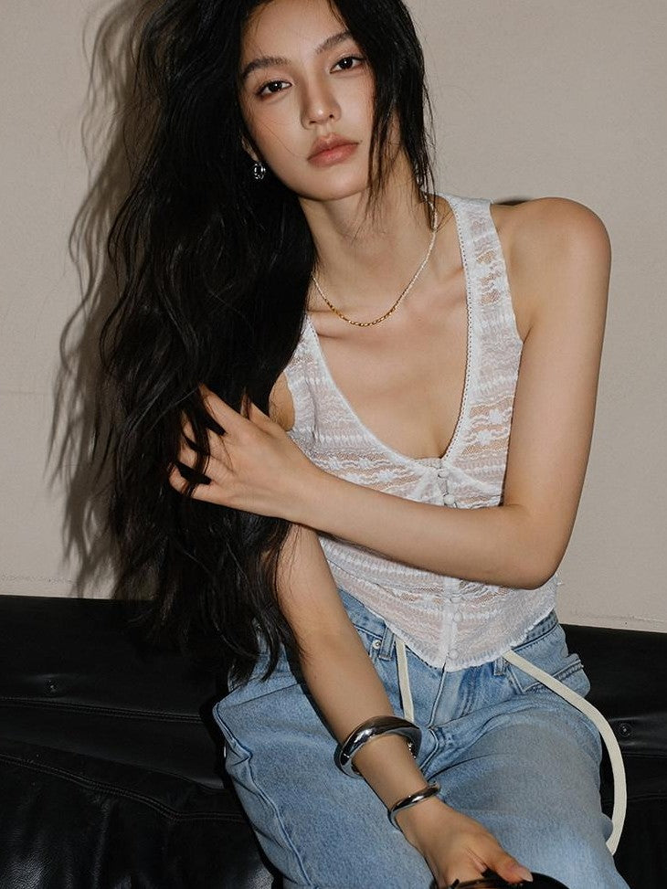FU FRESH UP Button V-neck Lace Splice Backless Slim Women&