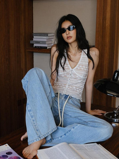 FU FRESH UP Button V-neck Lace Splice Backless Slim Women&
