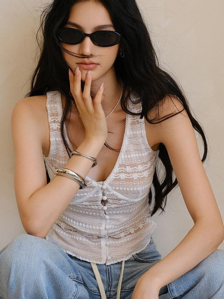 FU FRESH UP Button V-neck Lace Splice Backless Slim Women&