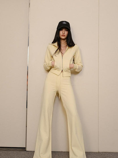 FU FRESH UP Collared Cropped Cardigan Slim Flare Sweatpants Women&