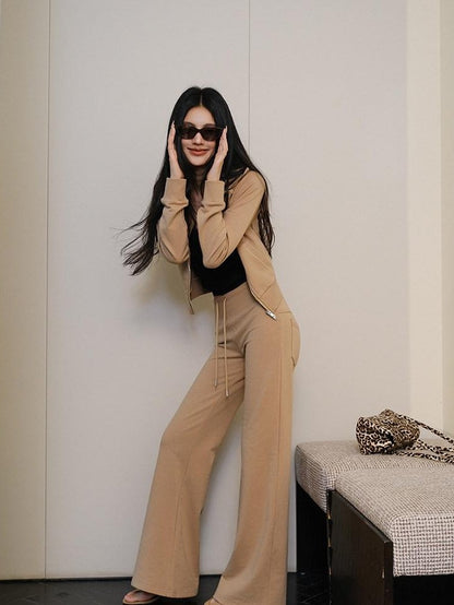 FU FRESH UP Collared Cropped Cardigan Slim Flare Sweatpants Women&