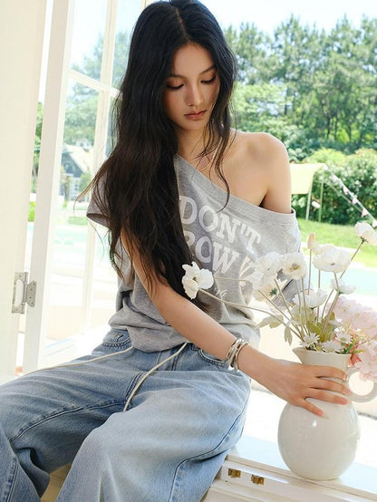FU FRESH UP Colorblock Letter Print Slanted Shoulder Women&