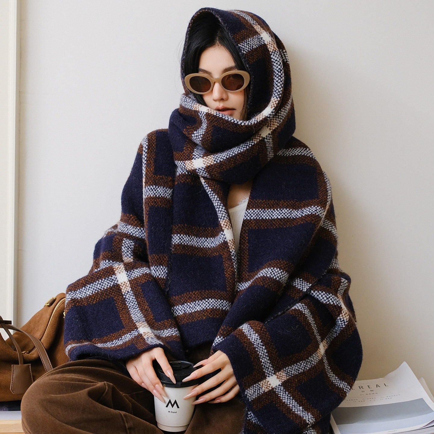 FU_FRESH_UP_Colorblock_Plaid_V-neck_Mid_Length_Knit_Women&