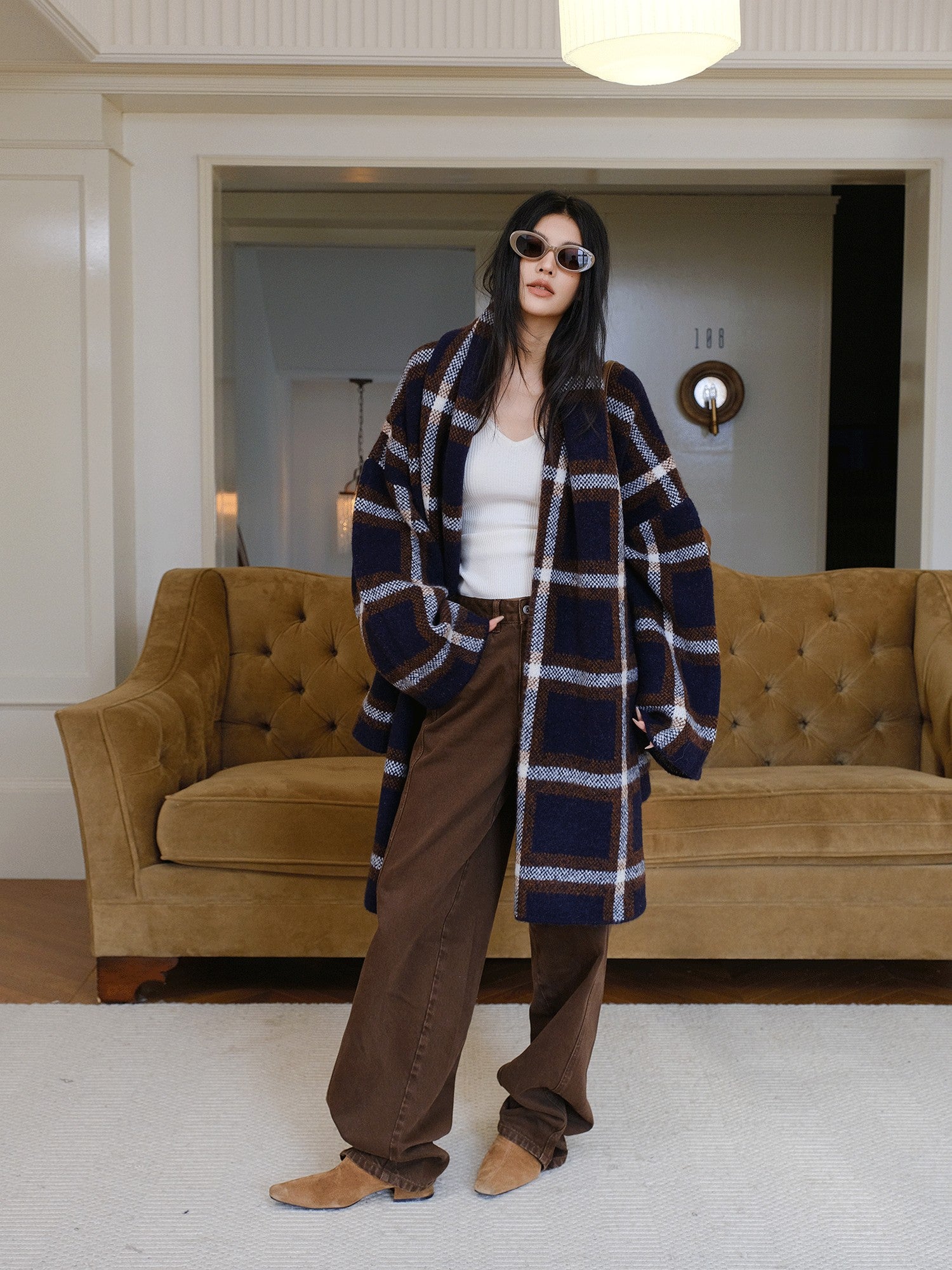 FU FRESH UP Colorblock Plaid V-neck Mid Length Knit Women&