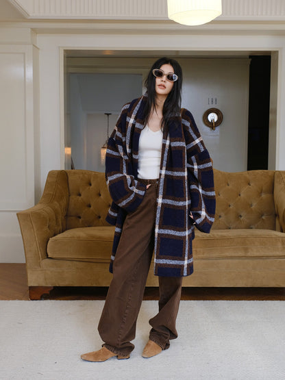 FU FRESH UP Colorblock Plaid V-neck Mid Length Knit Women&