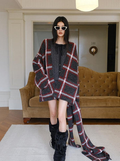 FU FRESH UP Colorblock Plaid V-neck Mid Length Knit Women&