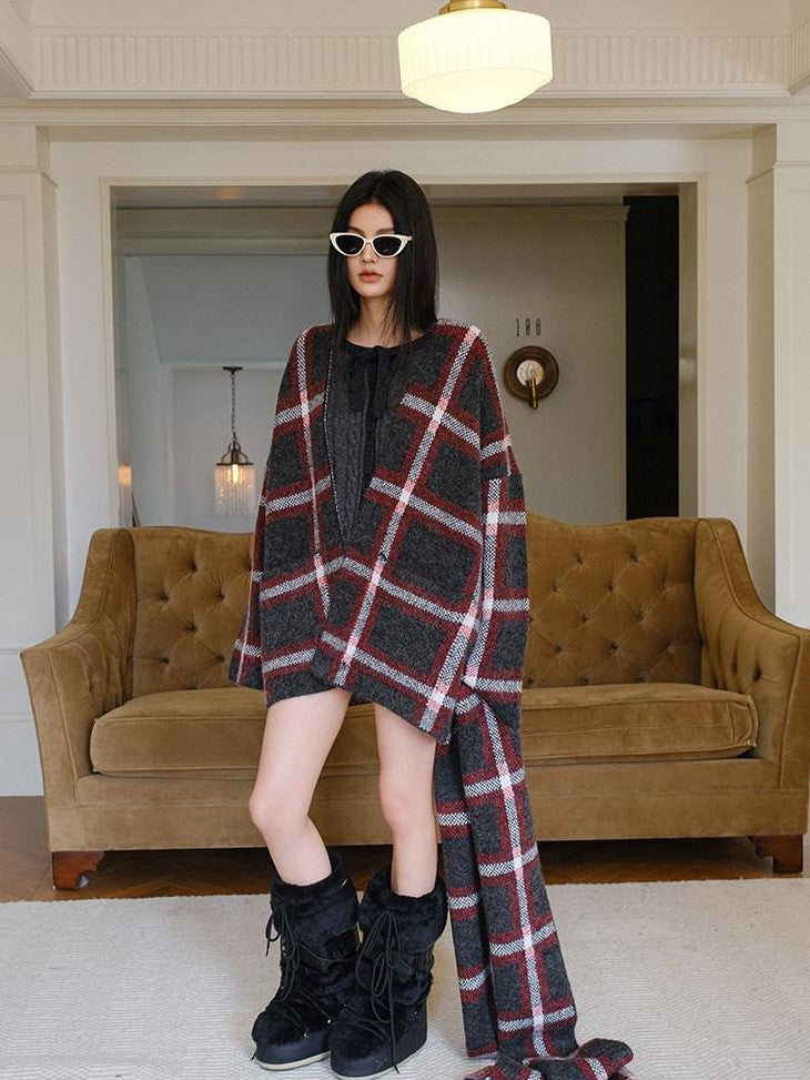 FU FRESH UP Colorblock Plaid V-neck Mid Length Knit Women&