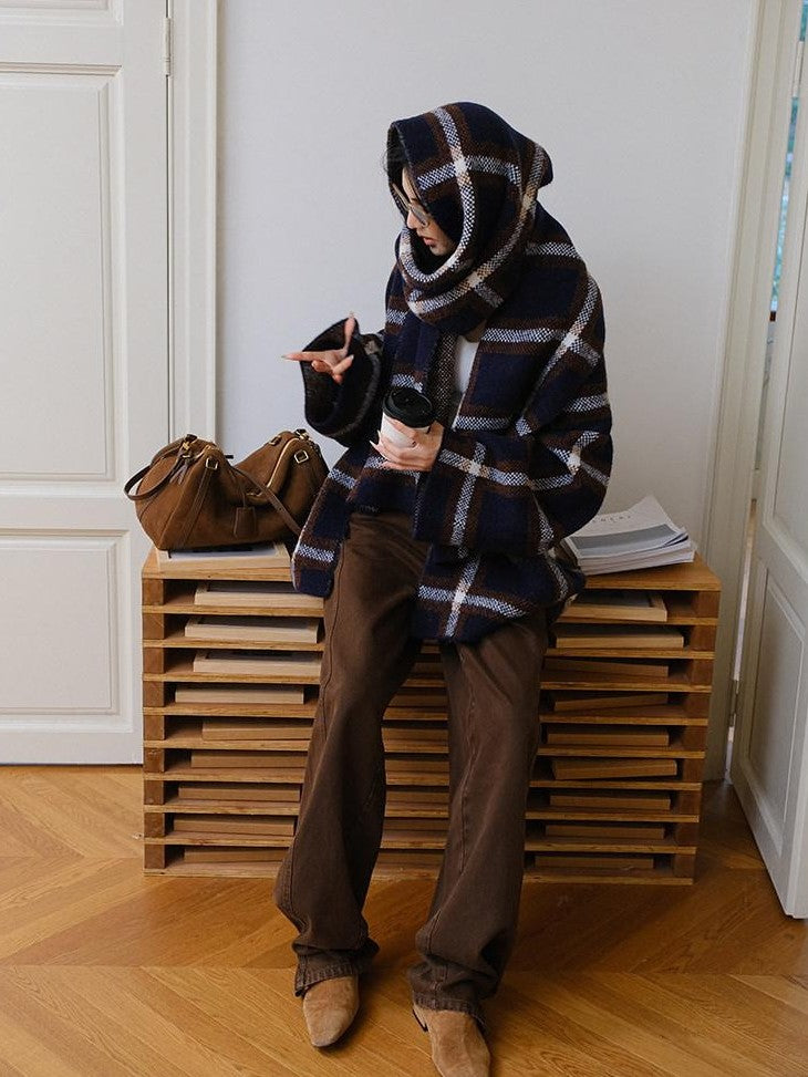 FU FRESH UP Colorblock Plaid V-neck Mid Length Knit Women&