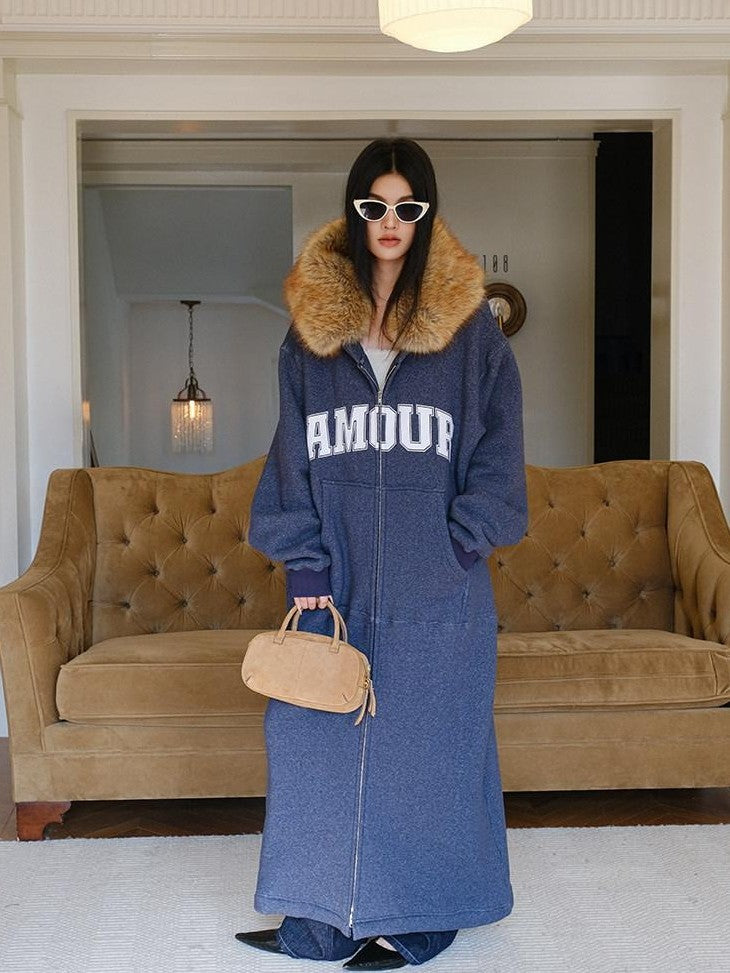 FU FRESH UP Cozy Slouchy Hooded Oversized Fur Collar Women&