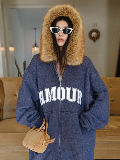 FU FRESH UP Cozy Slouchy Hooded Oversized Fur Collar Women&