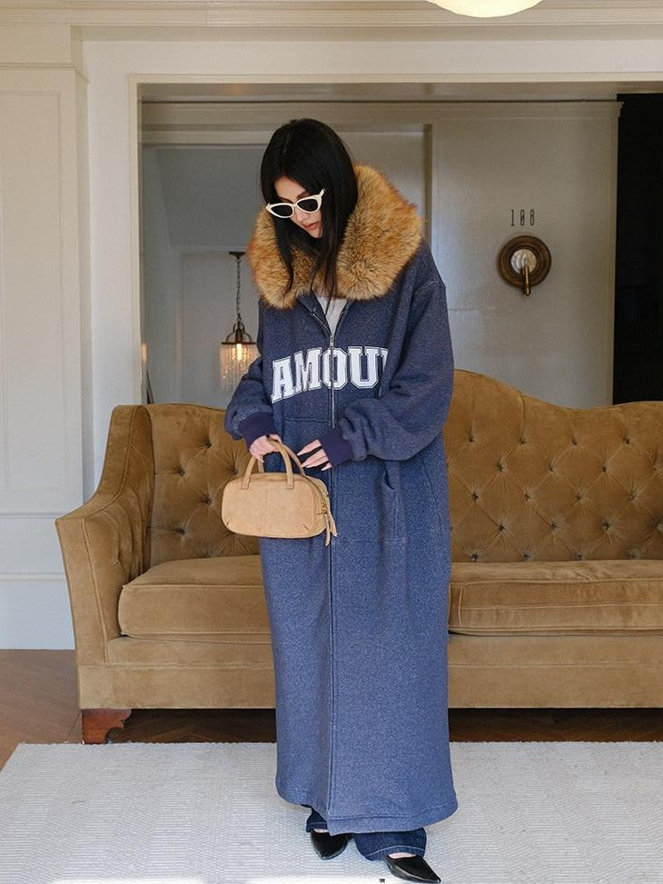 FU FRESH UP Cozy Slouchy Hooded Oversized Fur Collar Women&