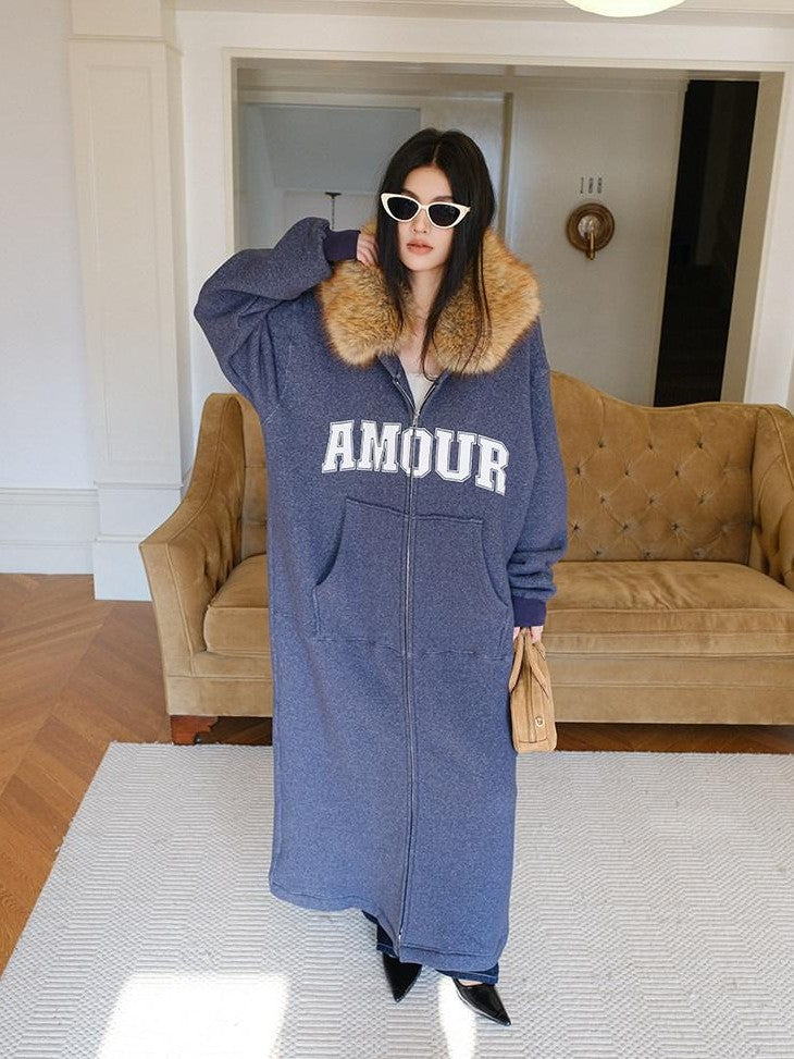 FU FRESH UP Cozy Slouchy Hooded Oversized Fur Collar Women&