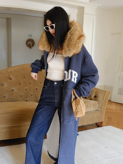 FU FRESH UP Cozy Slouchy Hooded Oversized Fur Collar Women&