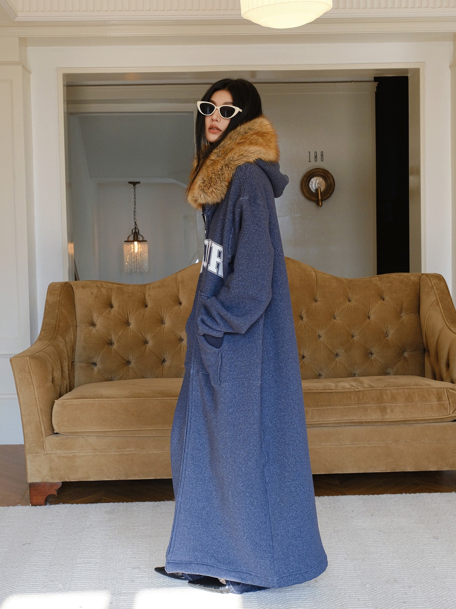 FU FRESH UP Cozy Slouchy Hooded Oversized Fur Collar Women&