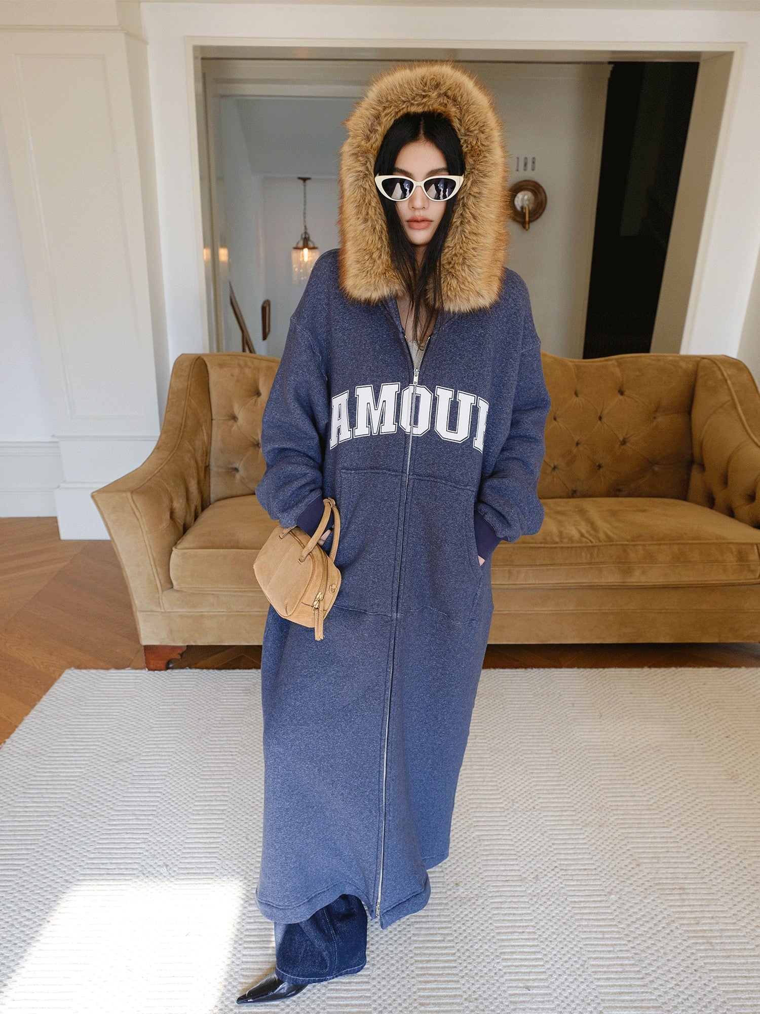 FU FRESH UP Cozy Slouchy Hooded Oversized Fur Collar Women&