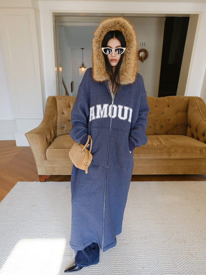 FU FRESH UP Cozy Slouchy Hooded Oversized Fur Collar Women&