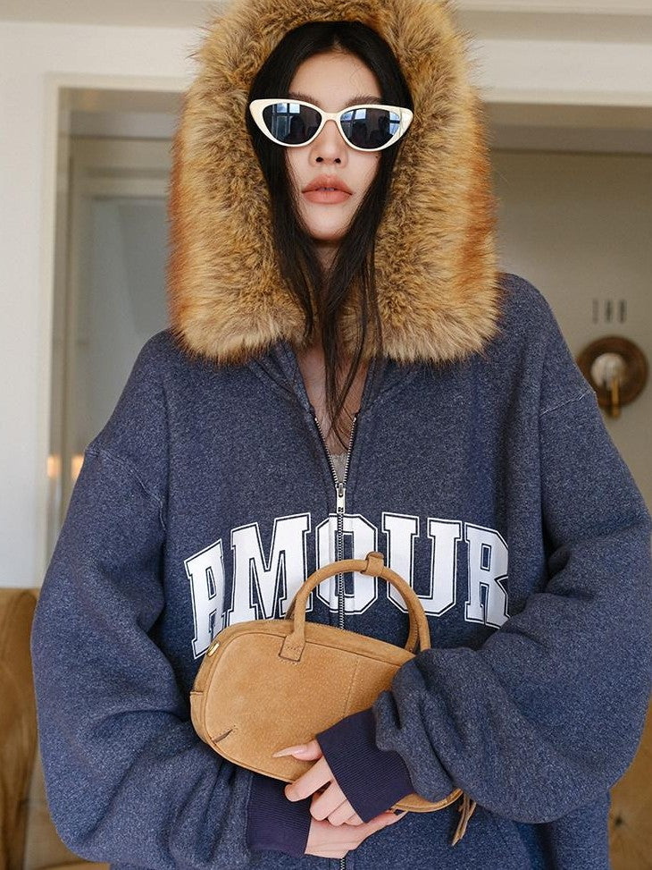 FU FRESH UP Cozy Slouchy Hooded Oversized Fur Collar Women&