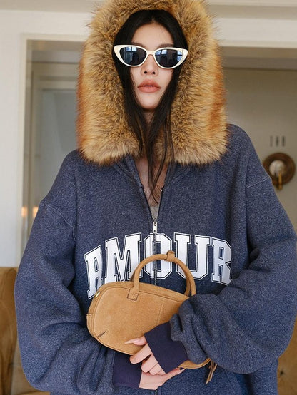 FU FRESH UP Cozy Slouchy Hooded Oversized Fur Collar Women&