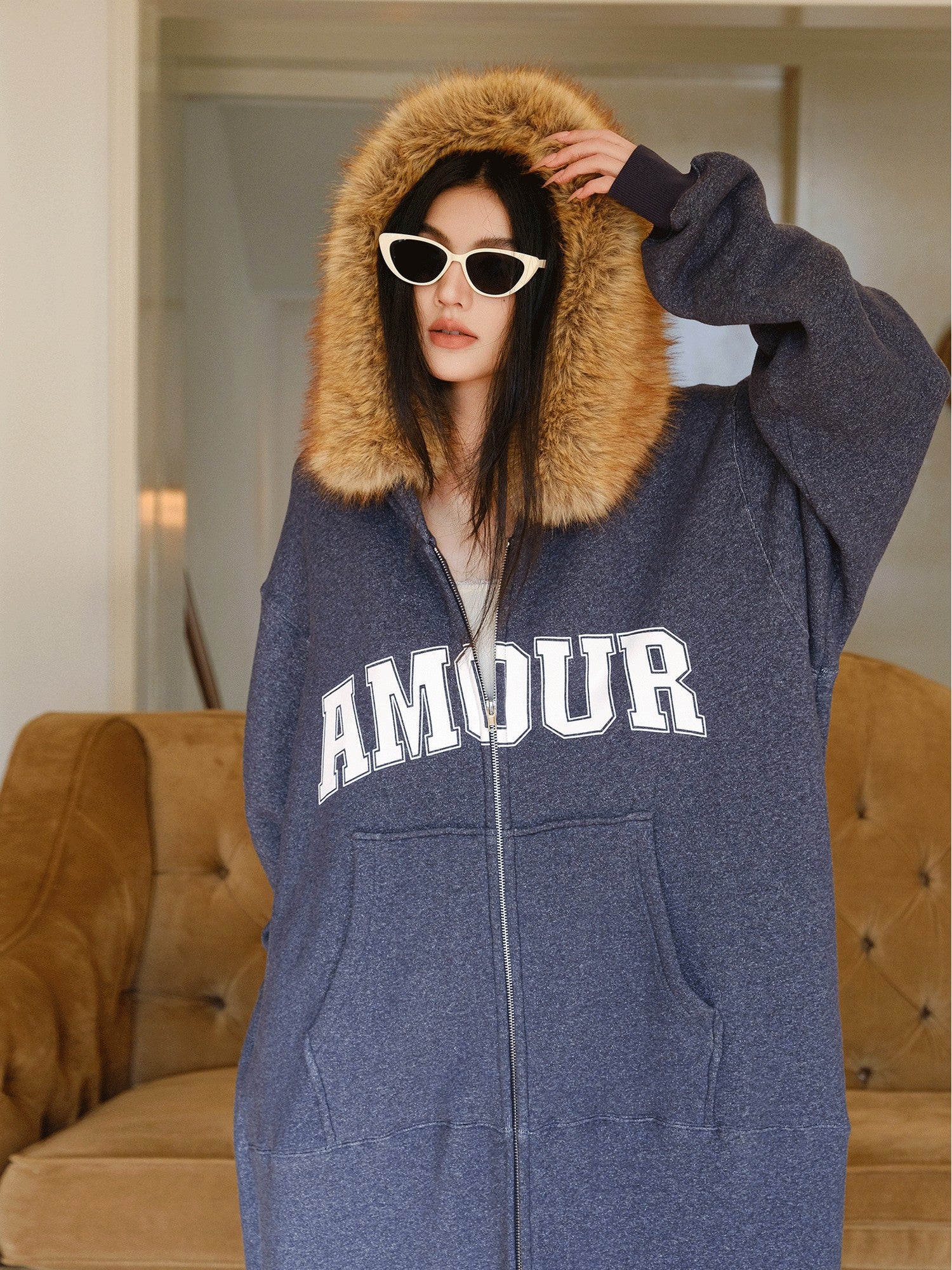 FU FRESH UP Cozy Slouchy Hooded Oversized Fur Collar Women&